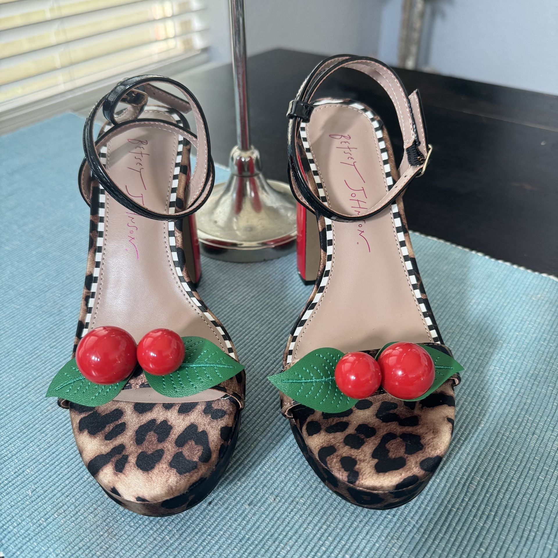 Betsey Johnson Leopard Heels with Red Cherry Accents Judson Platforms size 6