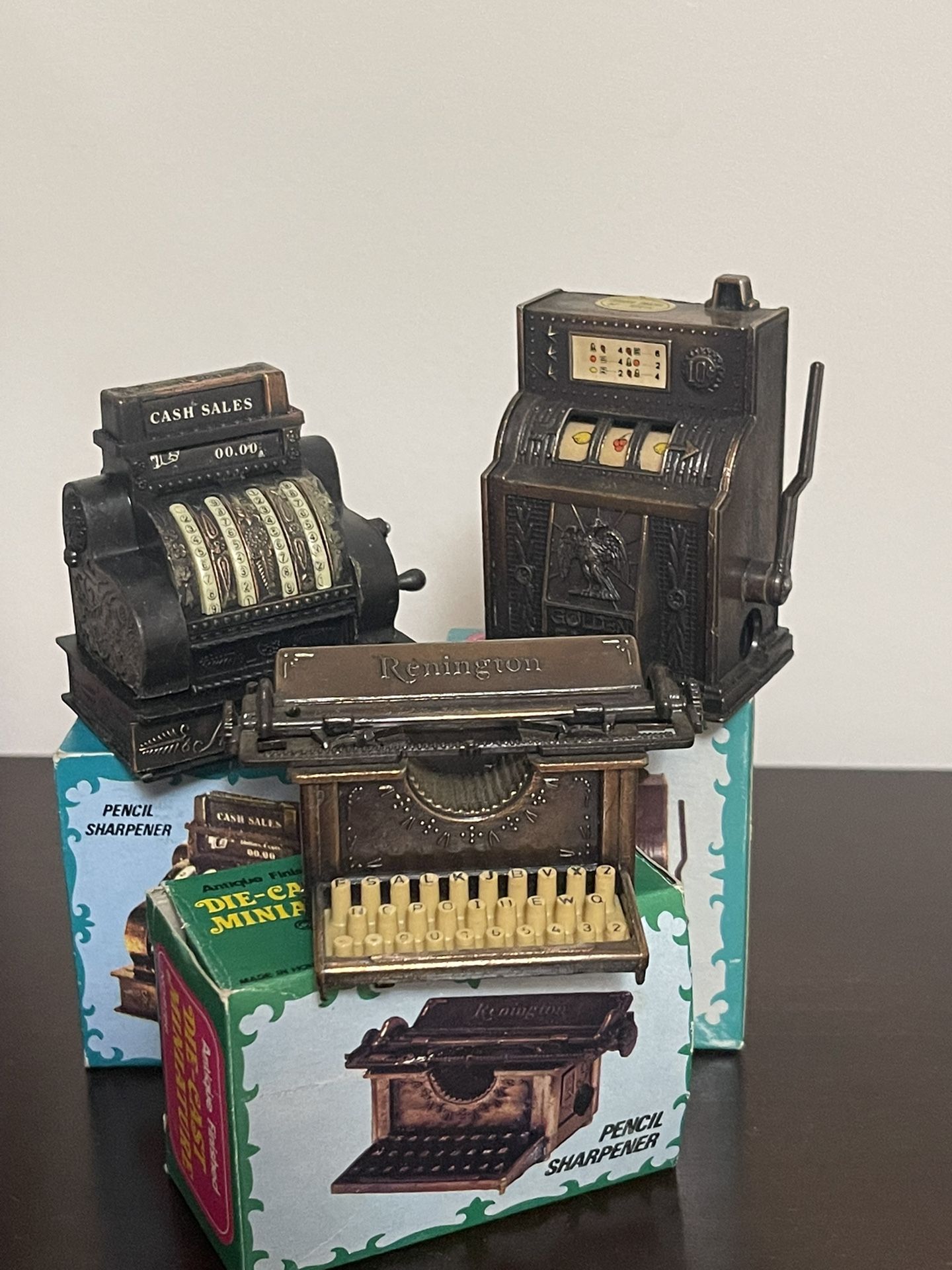 Vintage Die-Cast Metal Miniature Pencil Sharpener- Golden Eagle Slot Machine, Cash Register And Type Writer