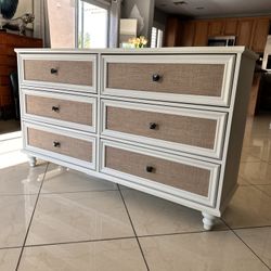 White Coastal Rattan 6 Drawer Dresser