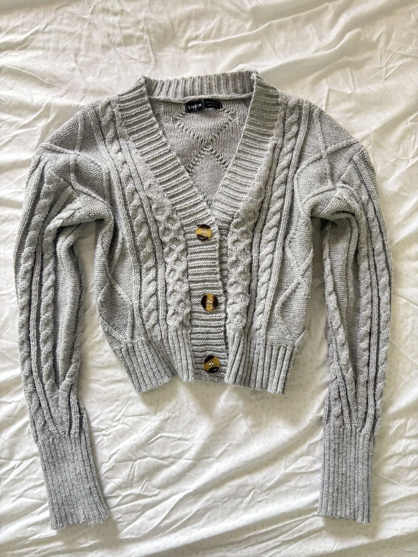 Grey Cropped Cable Knit Sweater