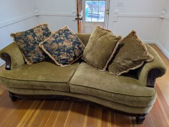 Victorian Style Green Velvet Sofa with Carved Wood Frame