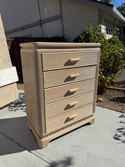 Vintage 1980s Coastal-Style Cream Pencil Reed Highboy Dresser