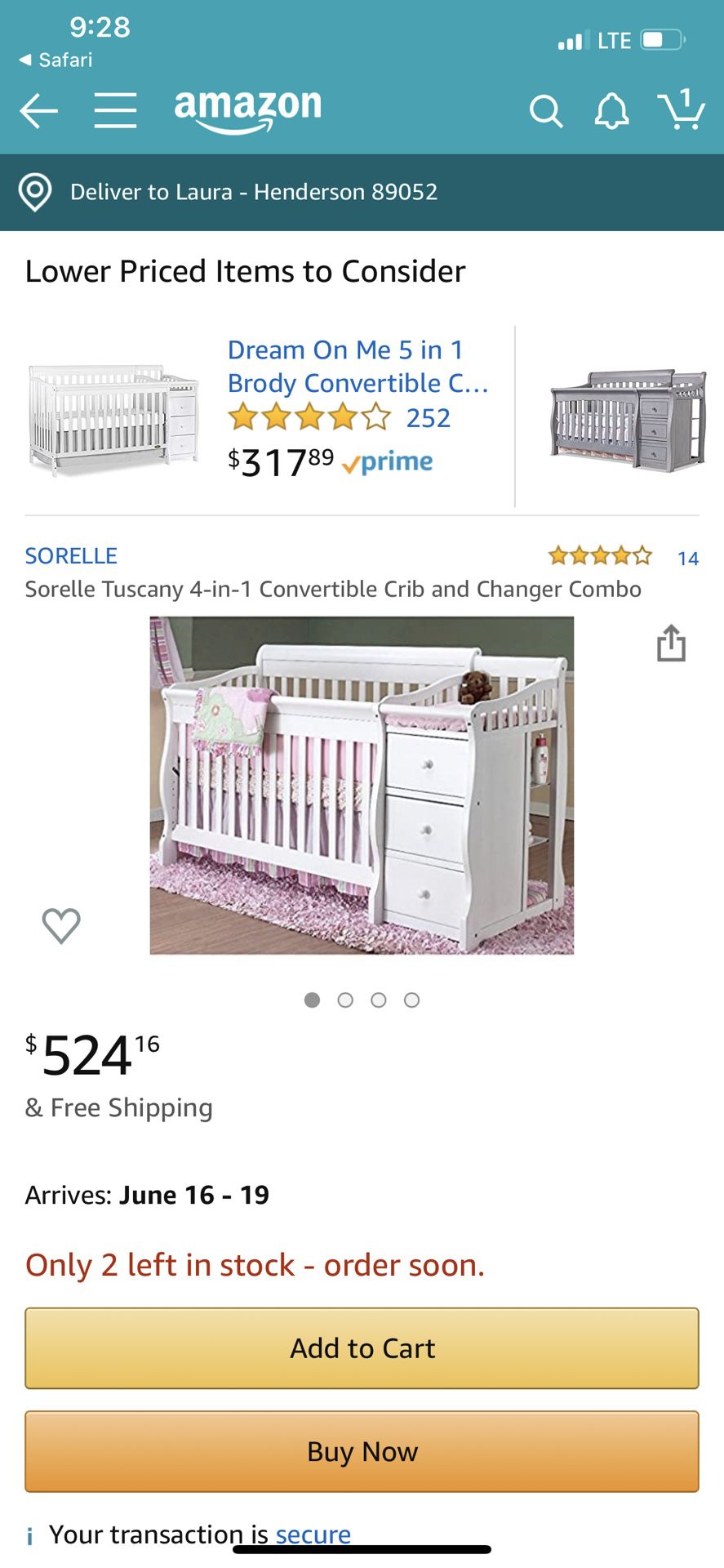 Sorelle Tuscany crib 4 in 1 with changing table