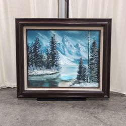 D. Keebler Framed Winter Mountain Landscape Oil Painting on Canvas
