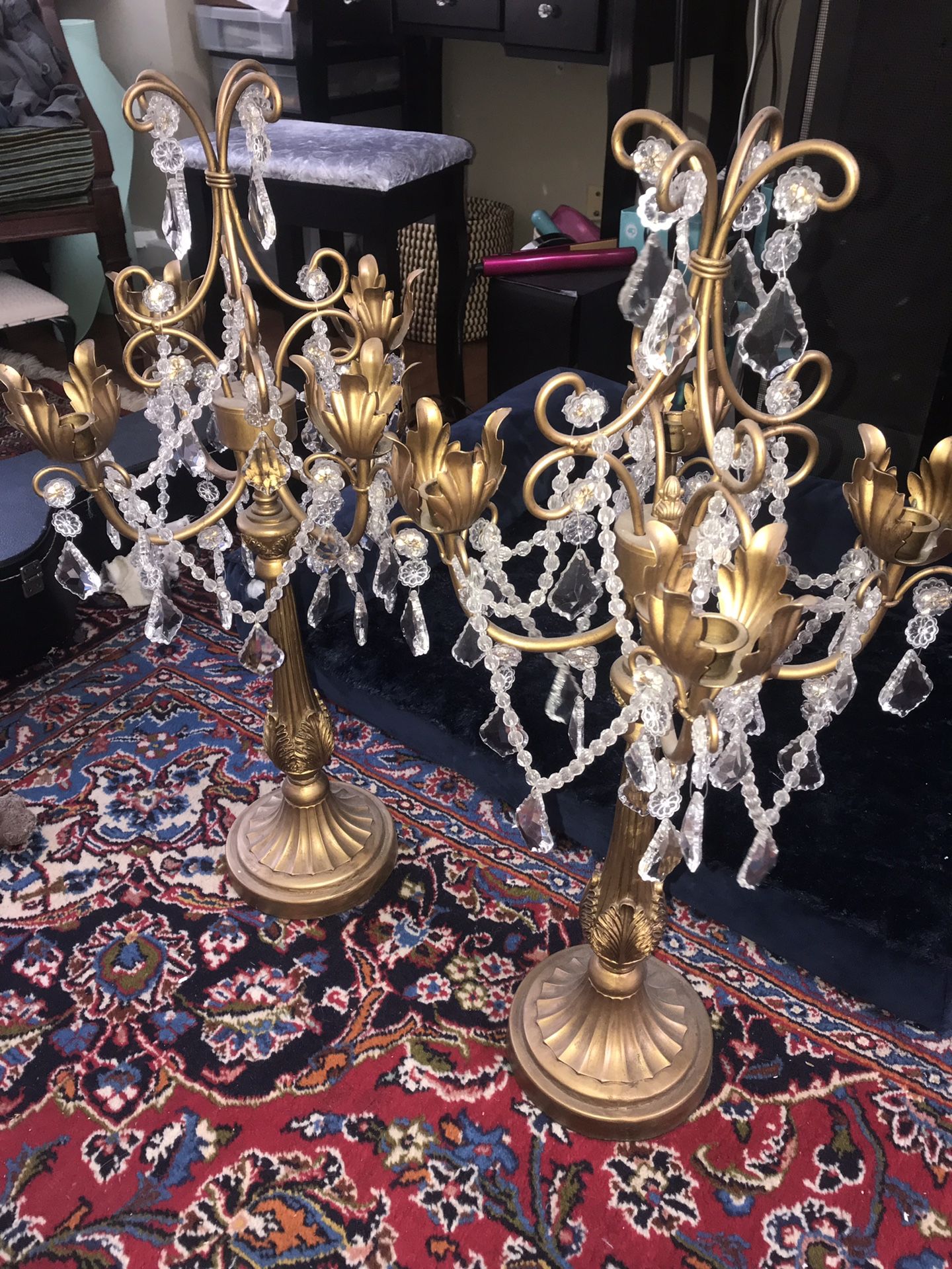 Candelabra pair gold and crystal candle holder