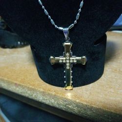24 Inch Stainless Steel Cross Necklace Cross Is Three Inches Long And Has Tiny White Sapphires