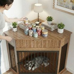 44.6'' Corner MDF Dog Crate Furniture for Small/Medium Dogs, Decorative Dog Kennel End Table with Fluted Drawer Storage, Modern Space-Saving Dog Cage 