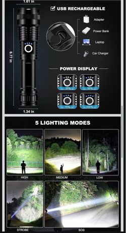 VERY POWERFUL 99K Lumen BRIGHT FLASHLIGHT + Telescopic + Waterproof for Hiking Camping Outdoors Dark Night + Long Range