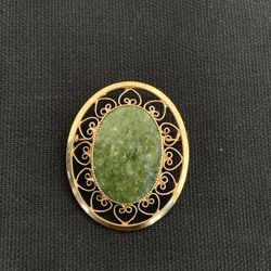 Vintage Catamore Signed Brooch, Jade Nephrite Oval Pin, 1/25 12 KT Gold Filled