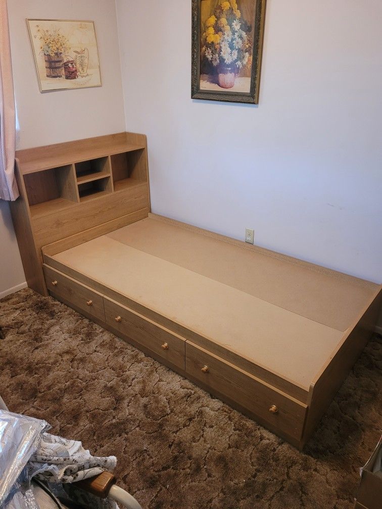Twin Bed Frame & Headboard Shelf/Cabinet Set
