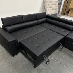 New! Contemporary Black Sectional, Black Faux Leather Sofa, L-Shaped Sofa With Pull-out Bed, Sofabed, Sectional Sofa Bed, Black Couch, Leatherette Sof