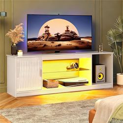 1434a Glossy Fluted TV Stand for 65 Inch TV, Gaming LED Entertainment Center with Cabinet for PS5 Xbox, TV Console with Adjustable Glass Shelves for L