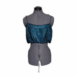 Vintage 70s Lurex discoTeal Metallic Glitter Crop Top M
