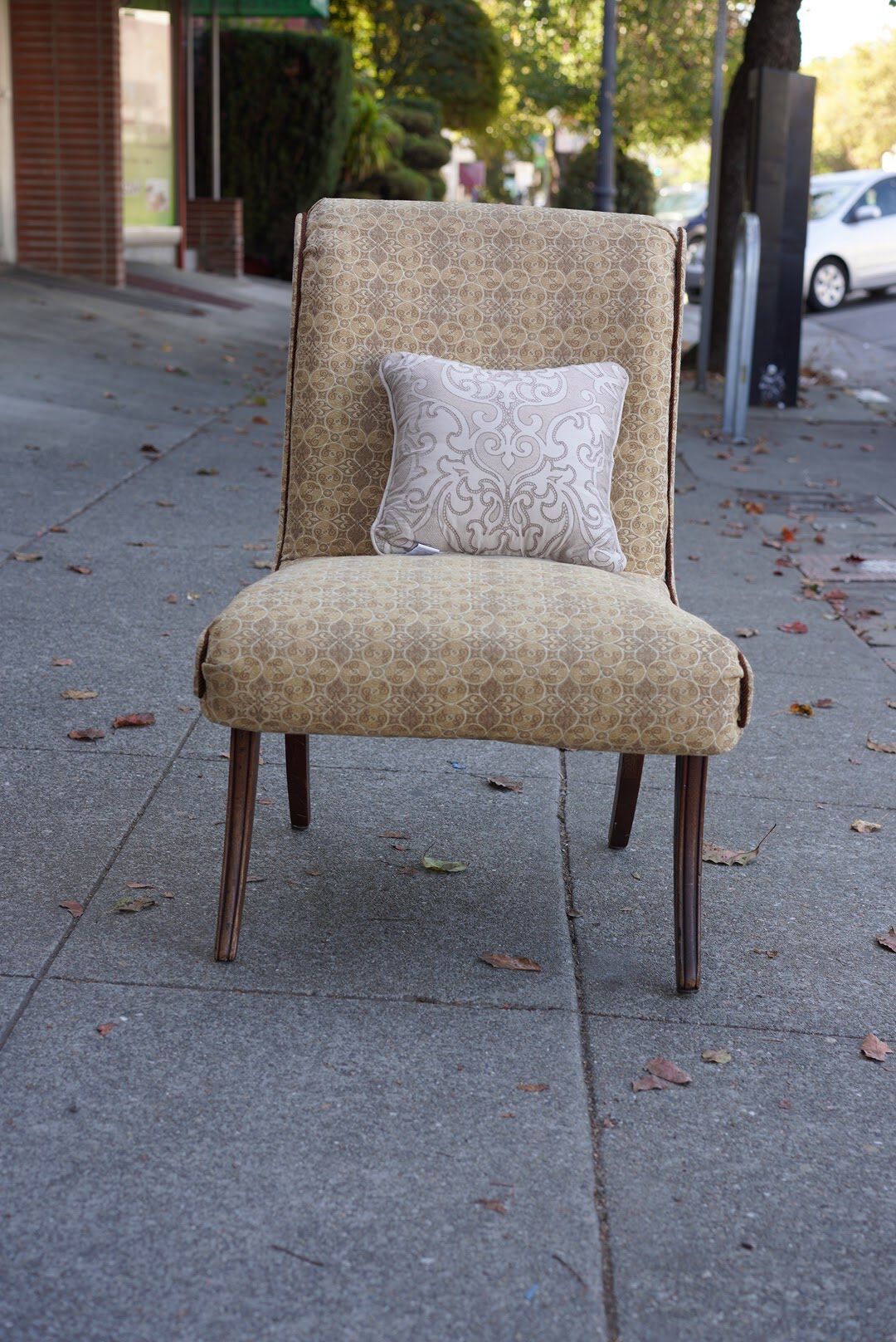 **BARGAIN BUY** #100415 Vintage Rolled Back Earth Toned Patterned Slipper Chair 21" Wide x 31" Deep x 34" Tall