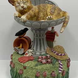 Adrienne Samuelson Cat Sitting In Bird Fountain Wind Up Music Box 1997