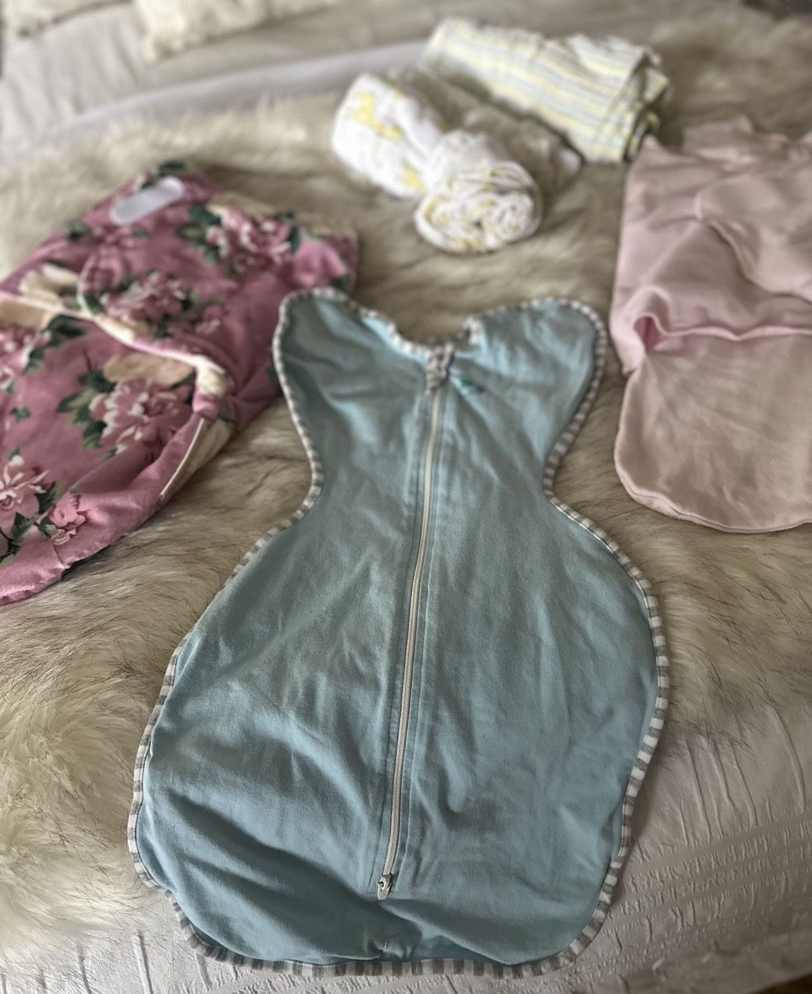 4 Baby Swaddles And 3 Baby Blankets