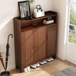 43-inch shoe cabinet with power outlet and LED light, large-capacity shoe organizer, walnut color