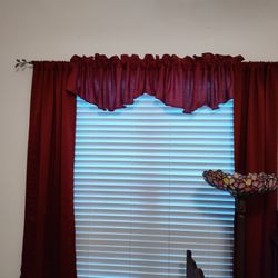 2 Long Beige Curtains, 2 Short Beige Curtains, And One Dark Red Curtains 