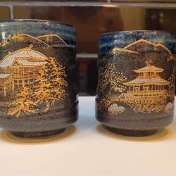 Vintage Kyoto Kiyomizu Kinkaku ware pair of tea cups. Japanese pottery