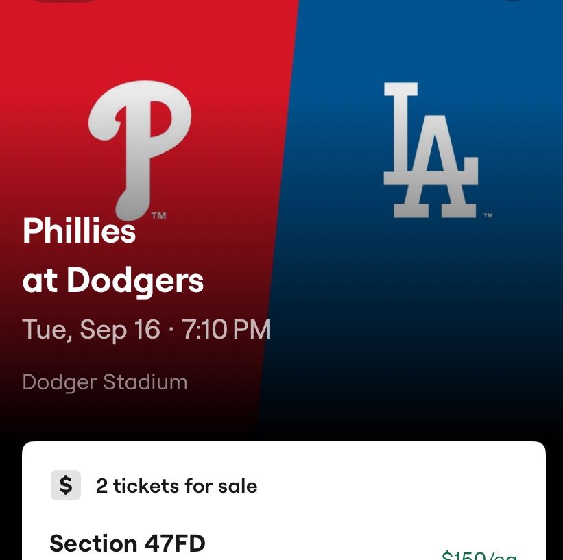 Phillies At Dodgers  ( 2 Field Level Aisle Seats 🔥) 