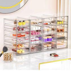 Brand new Acrylic Makeup Organizer with 24 Drawers, 4 Pack Clear Bathroom Counter Organizer for Sunglasses, Cosmetic, and Beauty Supplies,Ideal for Va
