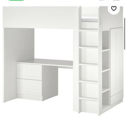 Kids Loft Bed With Built In 3 Drawer Desk, Tall Wardrobe With Doors And Drawer Underneath And A 4 Shelved Bookcase