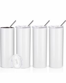 Sublimation Blanks Skinny Tumbler White 20 OZ Straight Stainless Steel with Metal Straw for Mug Tumbler Heat Press Machine Sublimation Printing 4 Pack