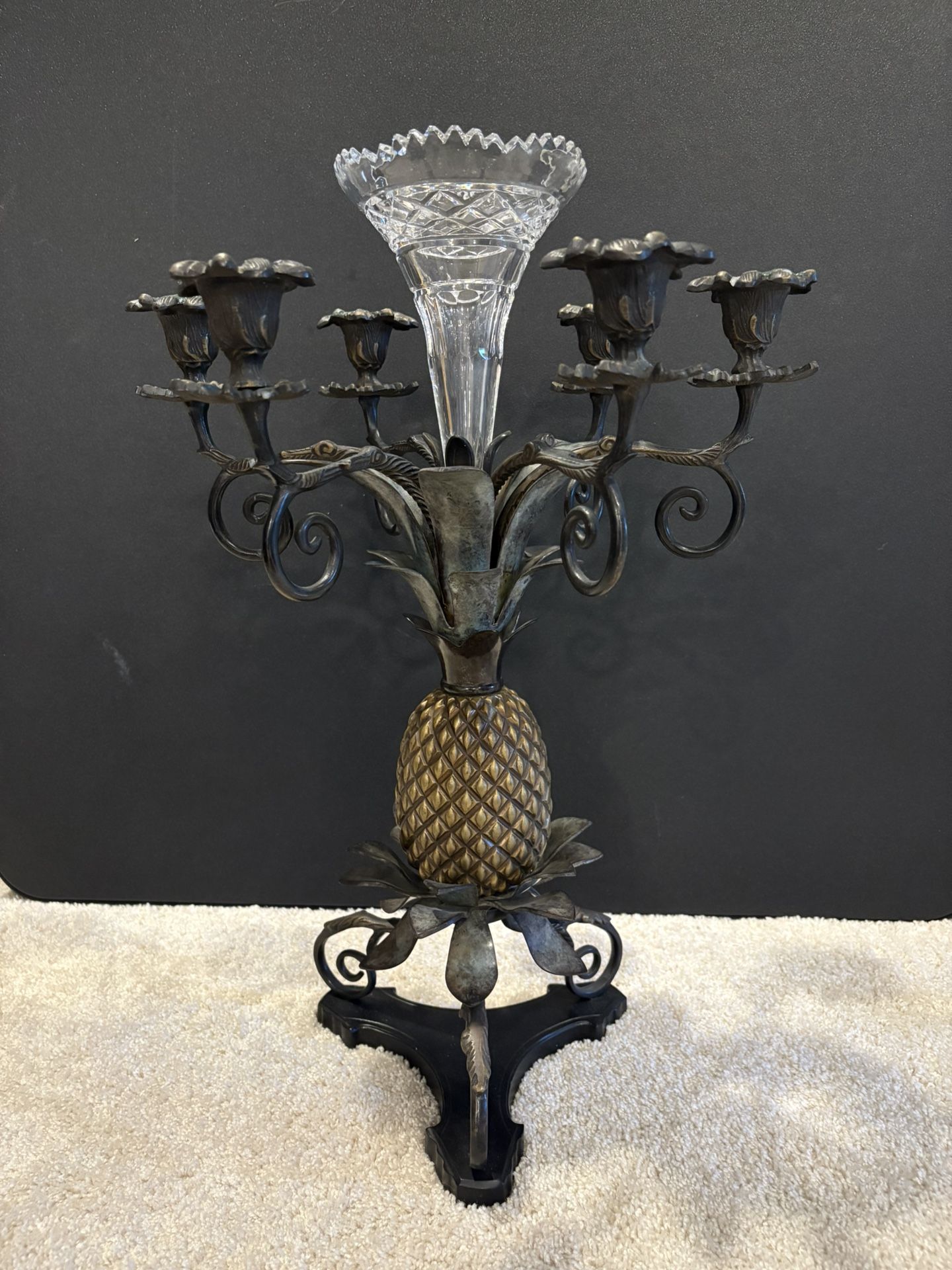 Vintage Castilian Imports Solid Brass & Bronze 6 Arm Pineapple Crystal Candelabra 