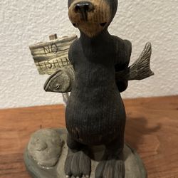 American Chestnut Carved Wood Bear with Fish “Wesley Pleads Innocent”