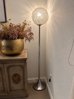 Modern Chrome 60” Floor Lamp – Sculptural Wire Globe – $37