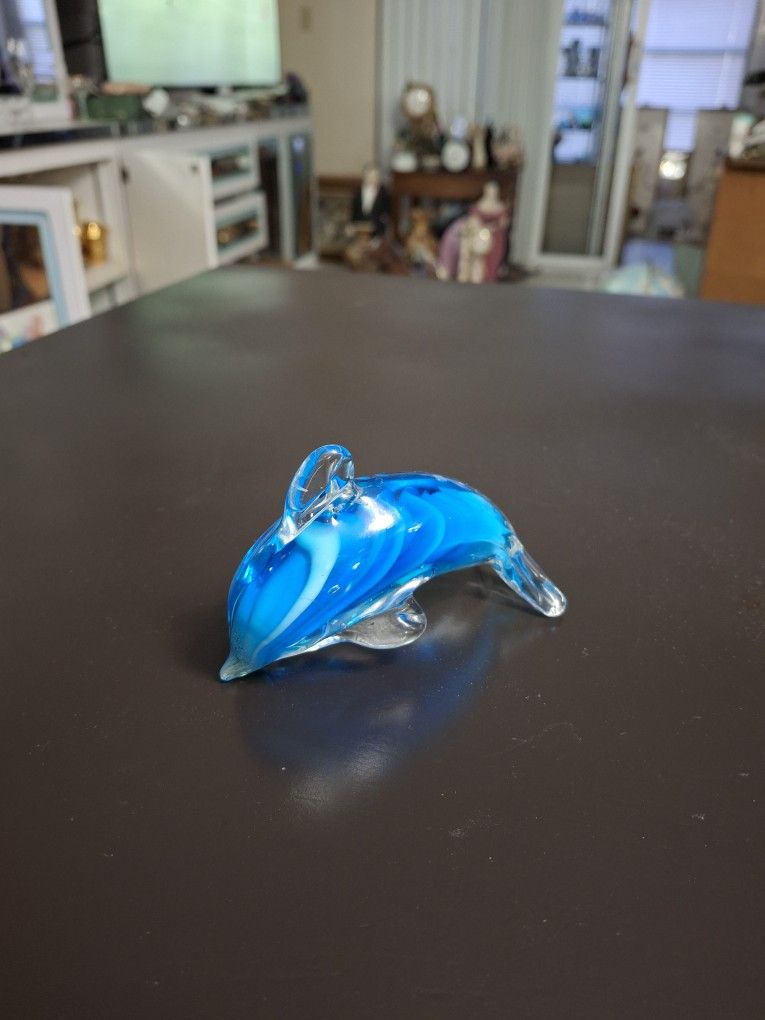 Hand Blown Art Glass Dolphin Paperweight Figurine Blue & White Swirl 4"