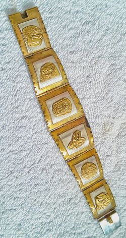 Taxco Mexican Sterling silver 925 Cuff bracelet w AZTEC design & Gold Panels MADE IN MEXICO