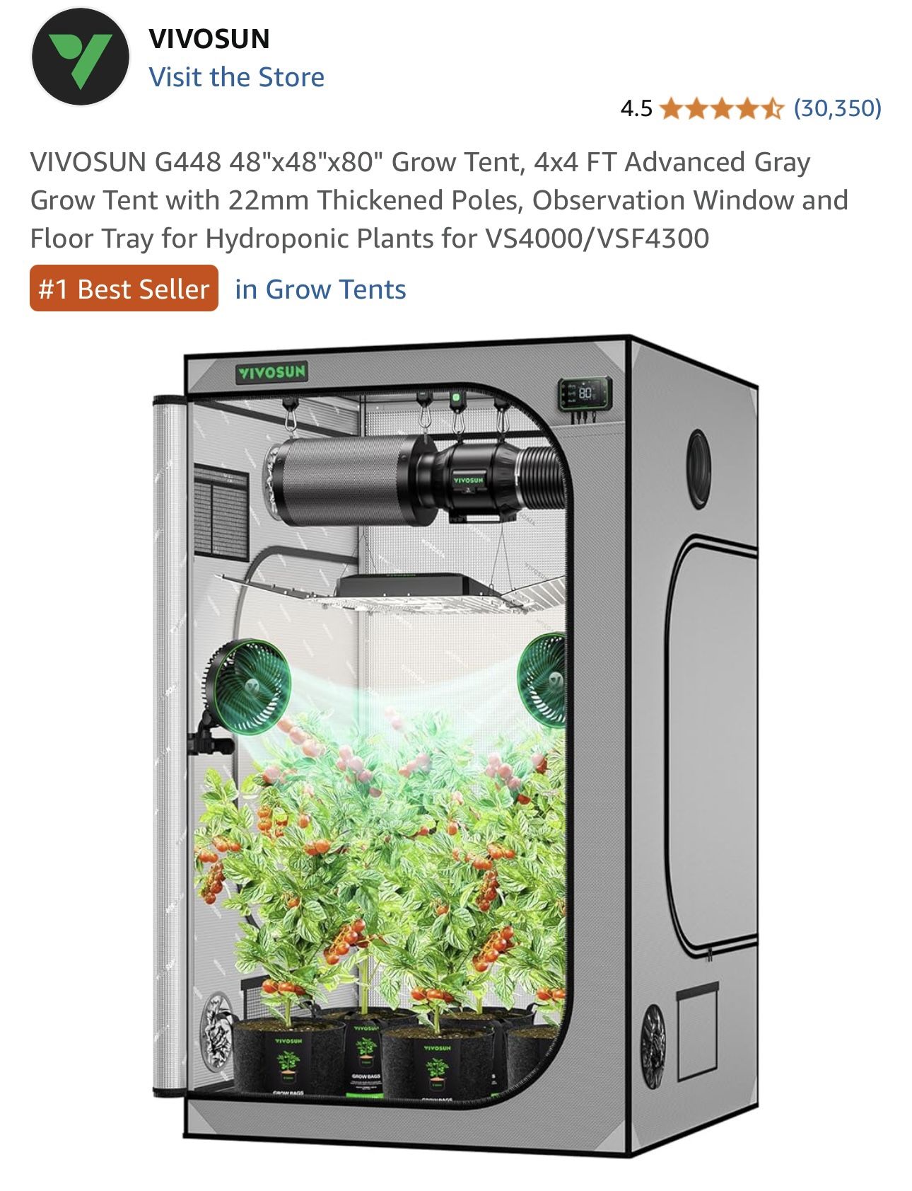 4x4 VIVOSUN Advance Grow Tent with VIVOSUN Air Filtration Kit Black Carbon Filter and 8' of Ducting