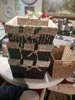 3 LARG GORGEOUS WICKER BASKETS WITH BEAUTIFUL MATERIAL INLAY 24 SET FIRM LOOK MY POST ALOT ITEM TO SEE