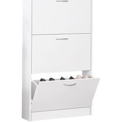 White Narrow Shoe Storage Cabinet - 3-Tier Freestanding Shoe Rack - 3 Flip Drawers Entryway Cupboard Organizer