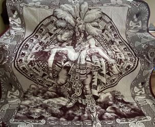 Woven AZTEC LEGENDARY WARRIOR/PRINCESS MEXICAN BLANKET wall hanging BURGUNDY