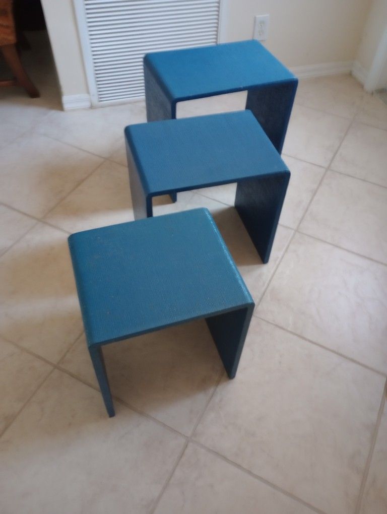 3 Blue Nesting Tables Benches Plant Stands Outside Outdoor Exterior Furniture Lanai Deck Poolside Patio Greenhouse Garden