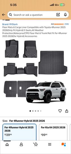 RYStark Floor Mats Cargo Liner Toyota 4Runner Hybrid 2025 2026
