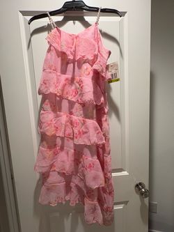 Rare Editions Girls Pink Floral Ruffle Dress with Pearl Straps (Size 14)