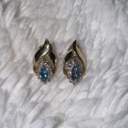 Gorgeous 14k Diamond & Blue Topaz Pierced Earrings  
