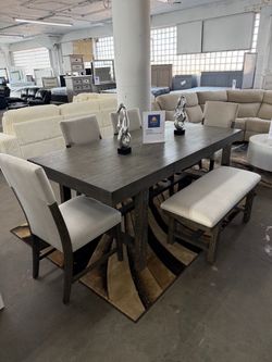 Dark Wood Dining Table with Chairs and Bench