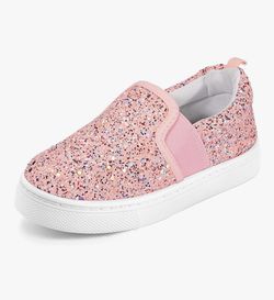 Size 11 Little Kid Girls Slip-on Running/Walking Canvas Sneakers, Pink with Multi Glitter, NEW