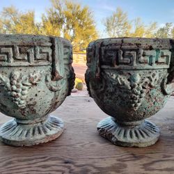 2 pair vintage antique cement concrete Greek key urn planter grapes shabby chic rustic primitive farmhouse