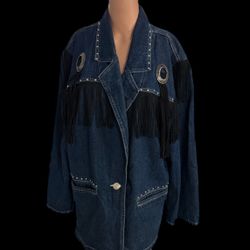Next move Embellished Denim Jacket Studded Fringe Distressed Jean Jacket L
