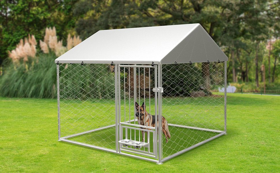 Large outdoor kennel, heavy duty outdoor fenced dog cage with swivel feeder, outdoor dog playpen with waterproof UV protection cover and safety lock,6