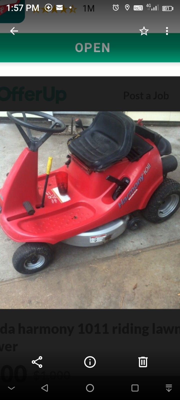 Honda Harmony 1011 Riding Lawnmower