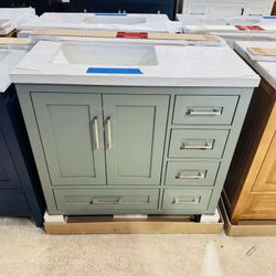 36” Brand New Bathroom Vanity in Sage Green color, Soft Close Solid Wood with Top in White  $579 