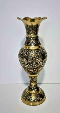 Vintage Brass Enamel Vase 12”