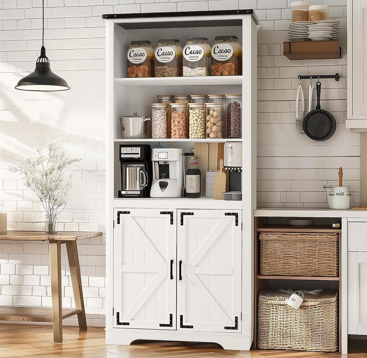 On Sale 70" High Modern Farmhouse Bookcase and Bookshelf, Pantry Storage Cabinet with 2 Doors and 5 Shelves, White