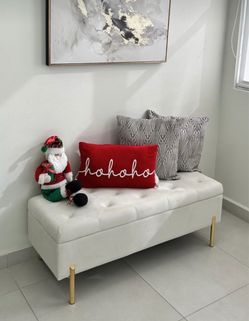 Cream white velvet tufted storage ottoman with gold legs
